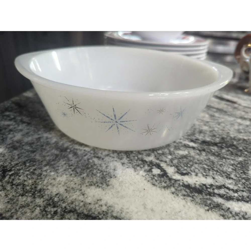 Vintage Mid Century Modern Milkglass Atomic Starburst Glasbake 1960s Blue Silver